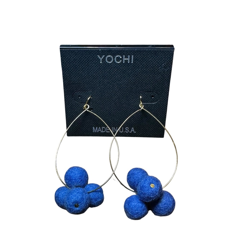 YOCHI Teardrop Pom Pom Blue Wool Gold Tone Large 3" Drop Pierced